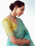 Alluring Sea Green Organza Border Work Festival Wear Saree
