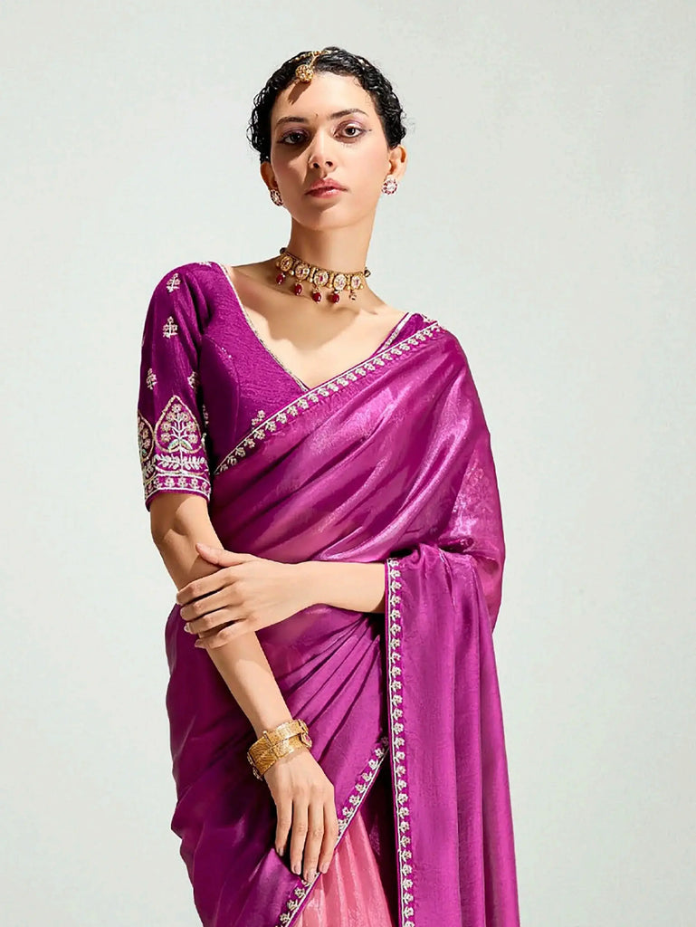 Chic Dark Pink Border Work Organza Saree With Blouse
