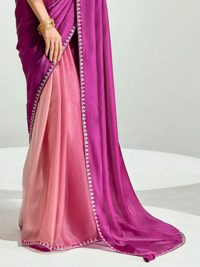 Chic Dark Pink Border Work Organza Saree With Blouse