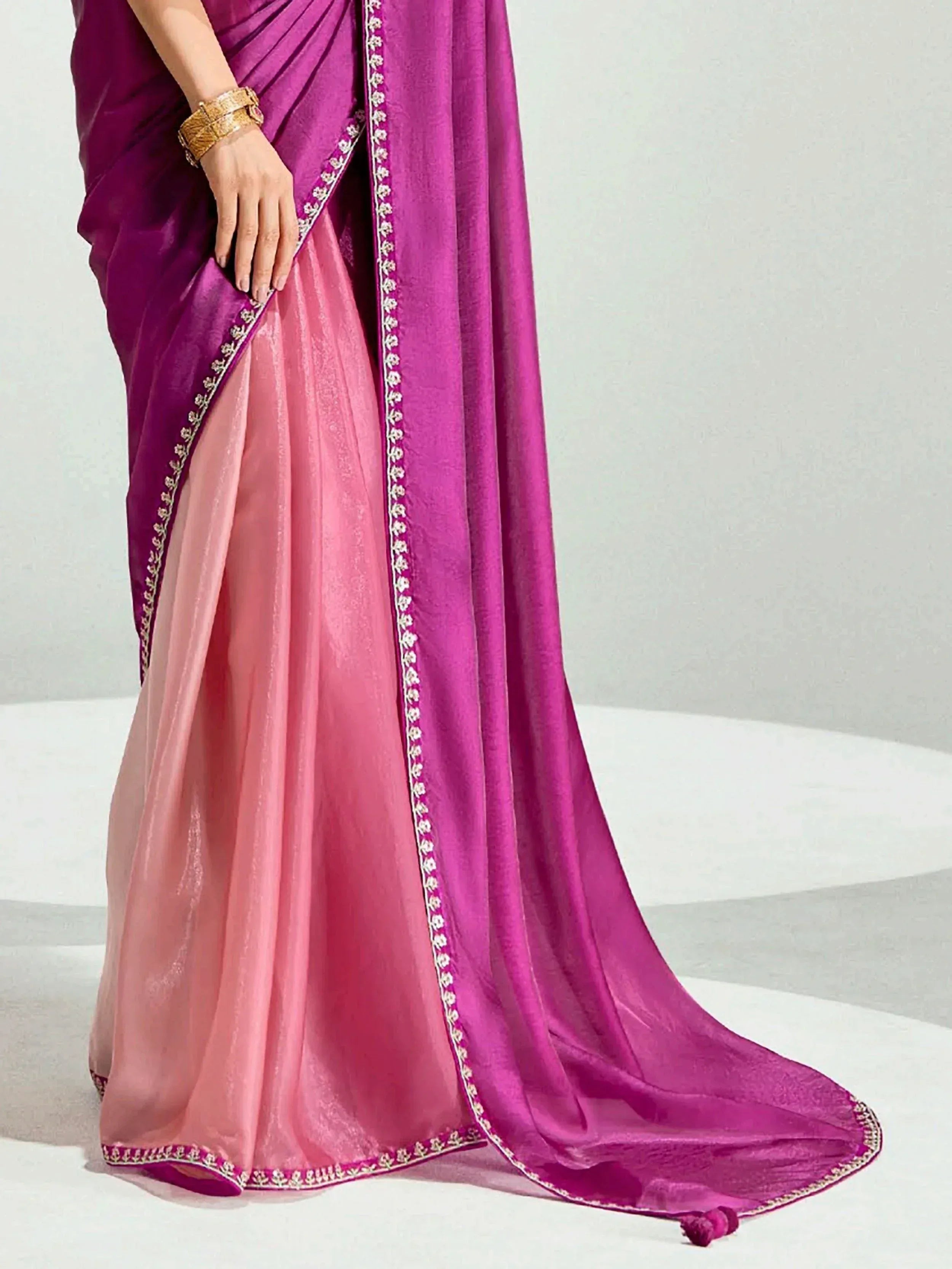 Chic Dark Pink Border Work Organza Saree With Blouse