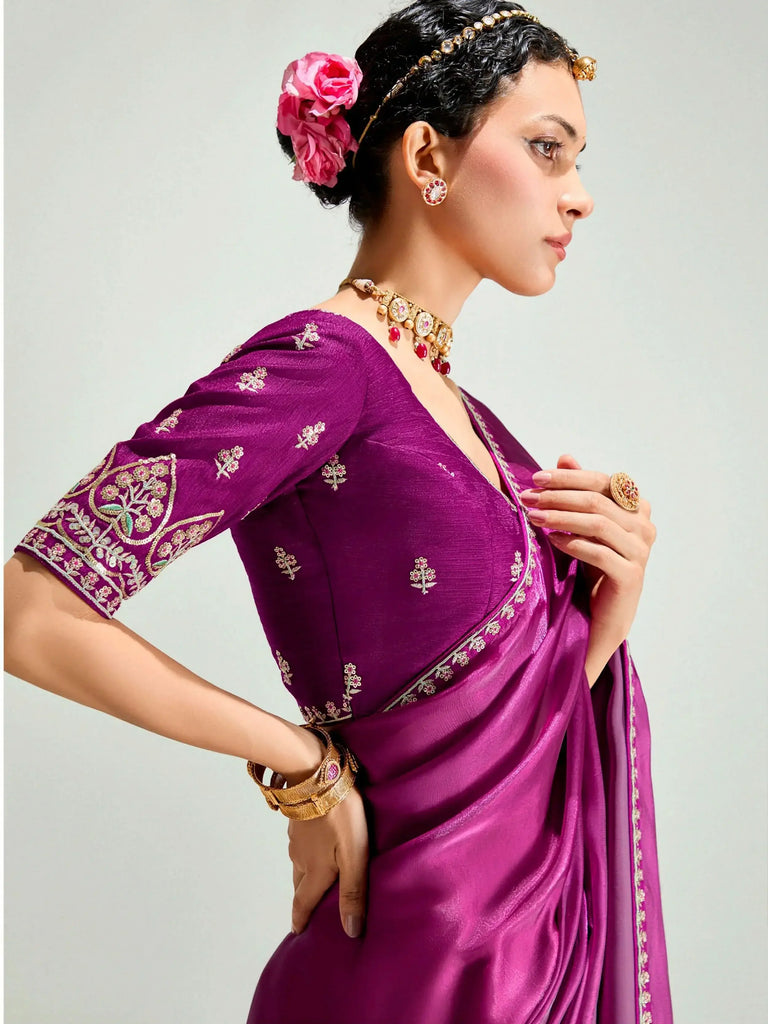 Chic Dark Pink Border Work Organza Saree With Blouse