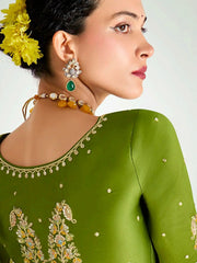 Delicate Green Organza Border Work Mehendi Wear Saree With Blouse