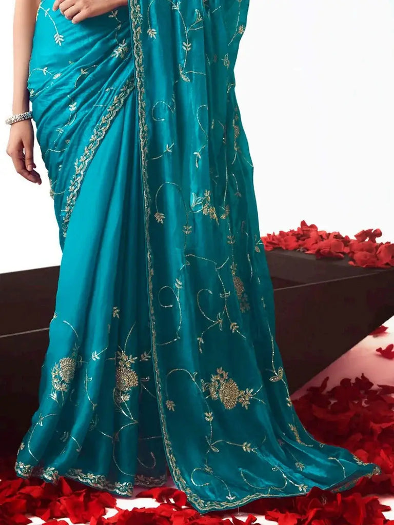 Impressive turquoise Floral Embroidery Engagement Wear Saree