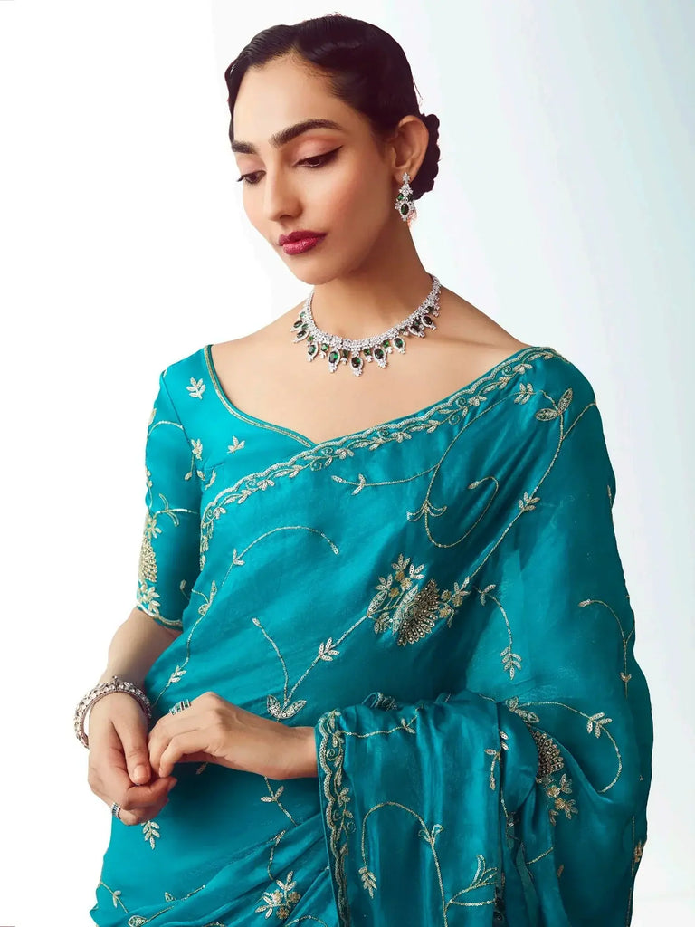 Impressive turquoise Floral Embroidery Engagement Wear Saree