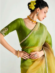 Delicate Green Organza Border Work Mehendi Wear Saree With Blouse