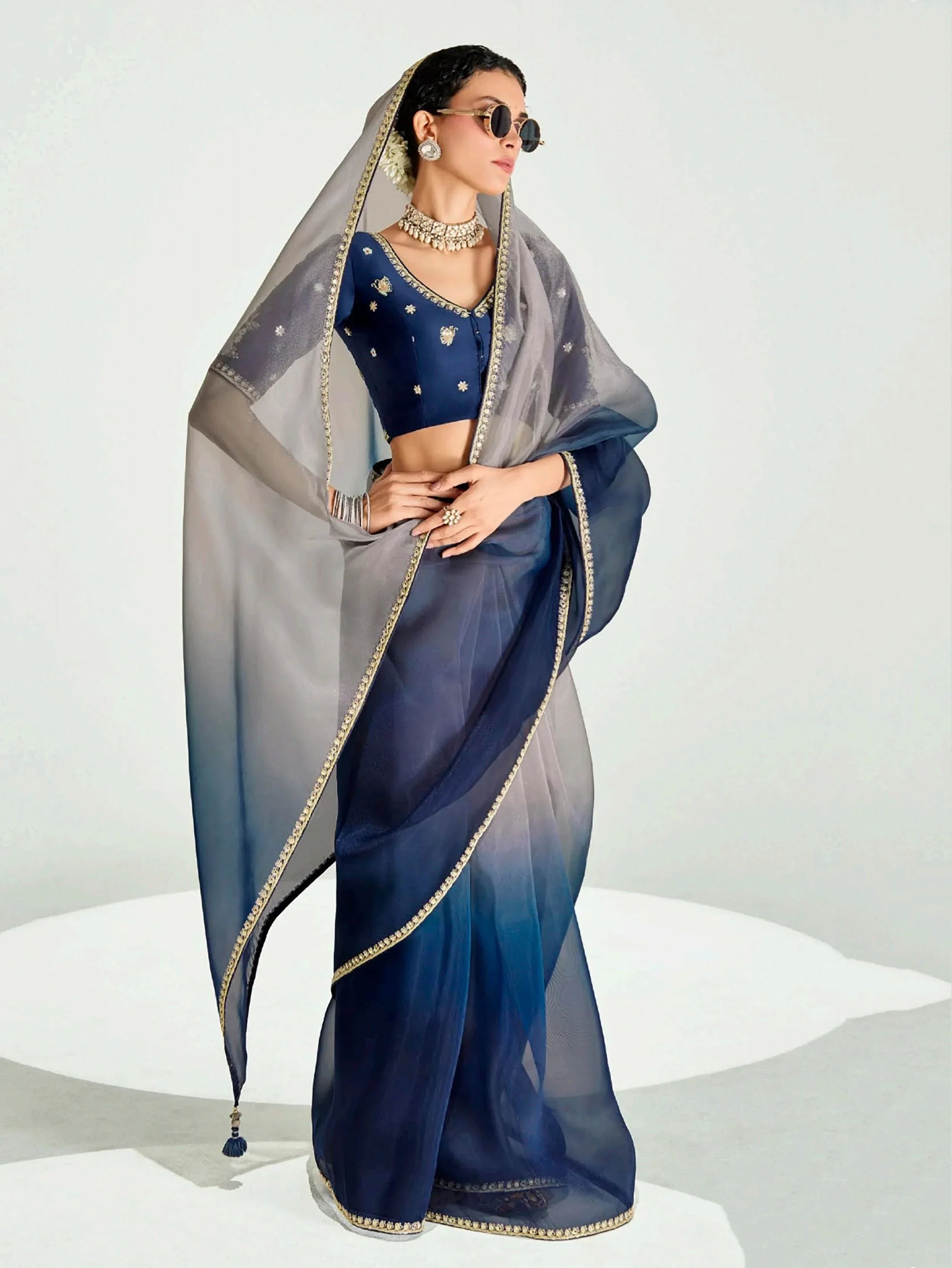 Sweet Navy Blue Organza Border Work Saree With Blouse