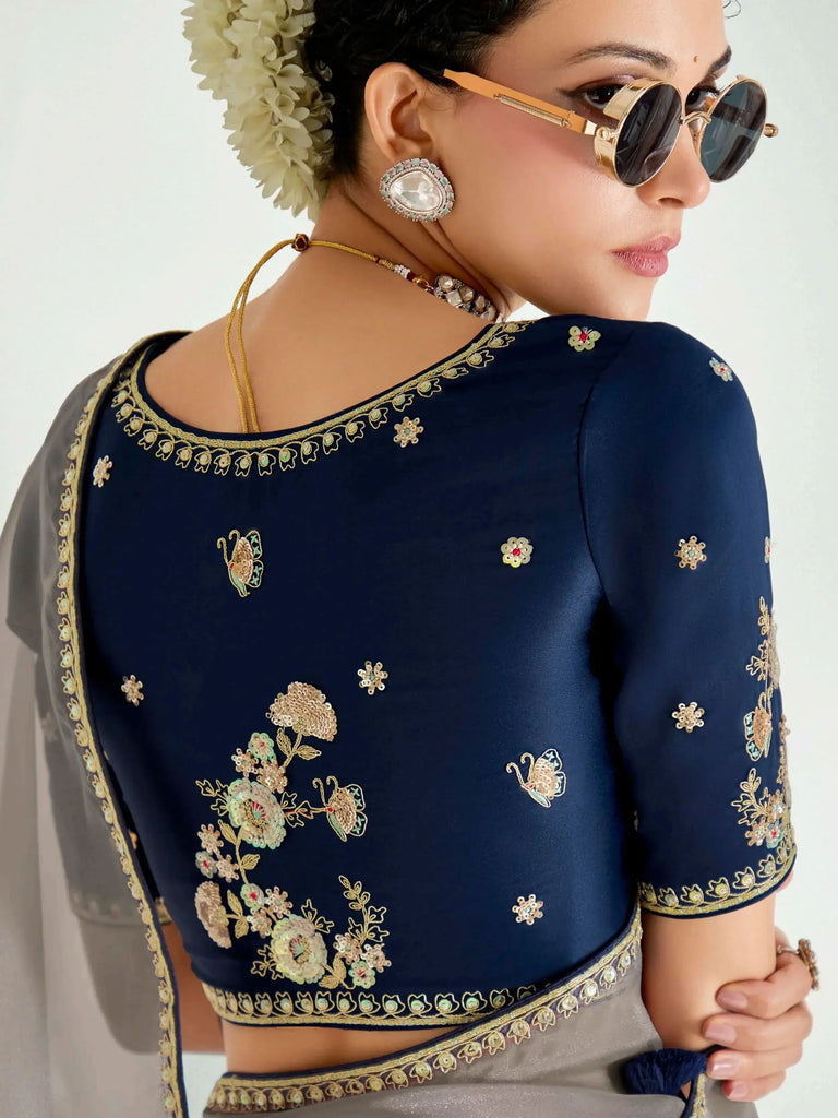 Sweet Navy Blue Organza Border Work Saree With Blouse