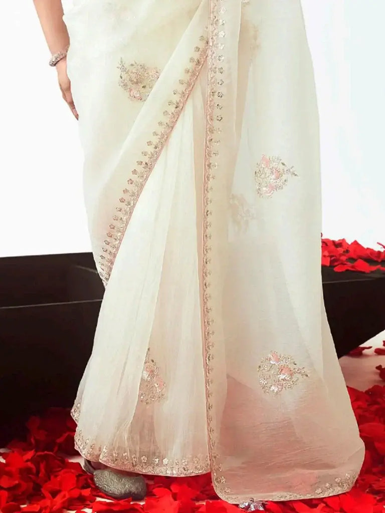 Stunning White Organza Border Work Reception Wear Saree With Blouse