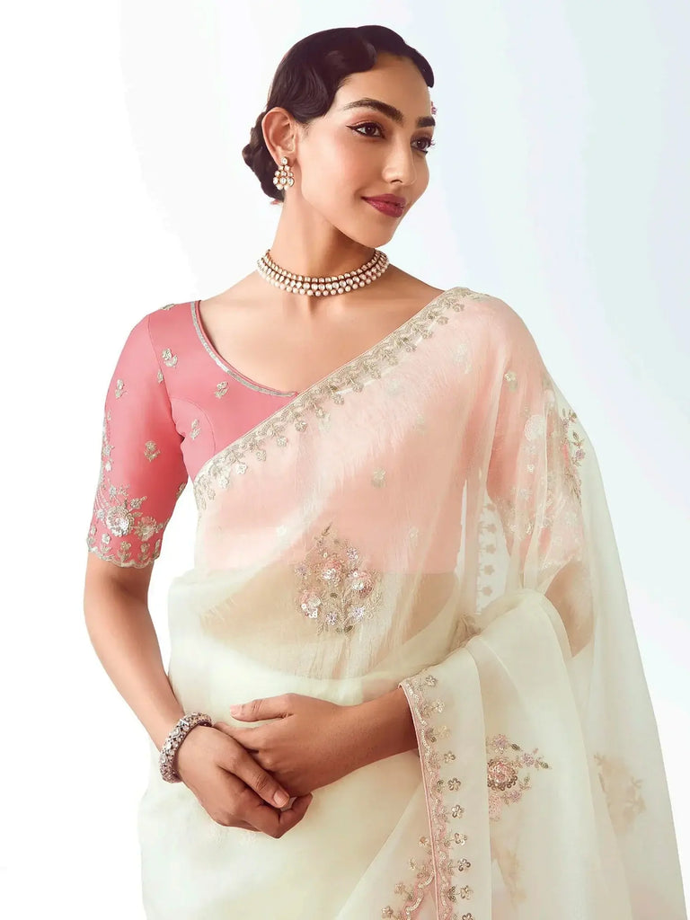 Stunning White Organza Border Work Reception Wear Saree With Blouse