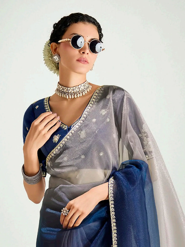 Sweet Navy Blue Organza Border Work Saree With Blouse