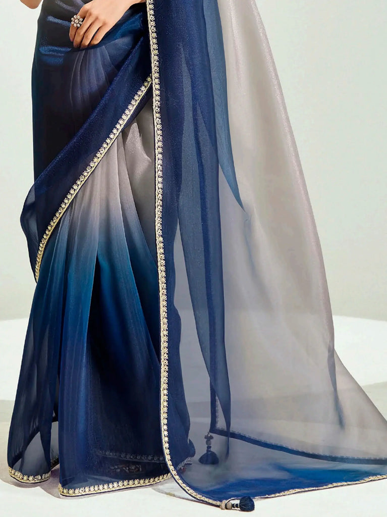 Sweet Navy Blue Organza Border Work Saree With Blouse