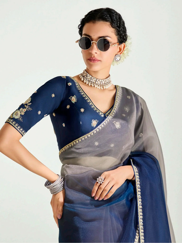 Sweet Navy Blue Organza Border Work Saree With Blouse