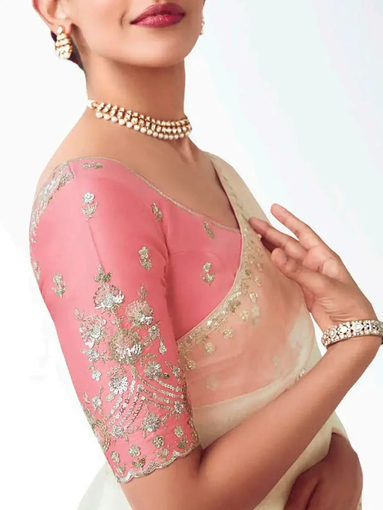 Stunning White Organza Border Work Reception Wear Saree With Blouse