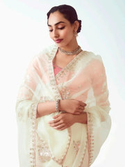 Stunning White Organza Border Work Reception Wear Saree With Blouse