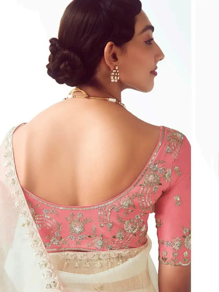 Stunning White Organza Border Work Reception Wear Saree With Blouse