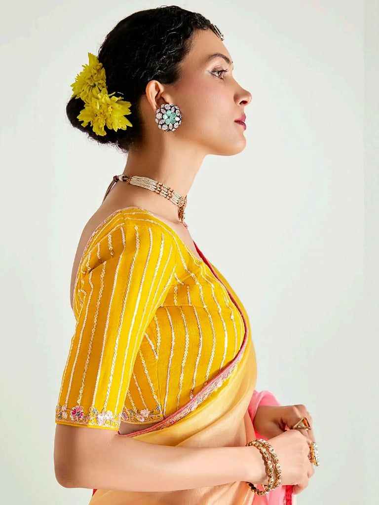 Stylish Peach Organza Border Work Wedding Wear Saree With Blouse