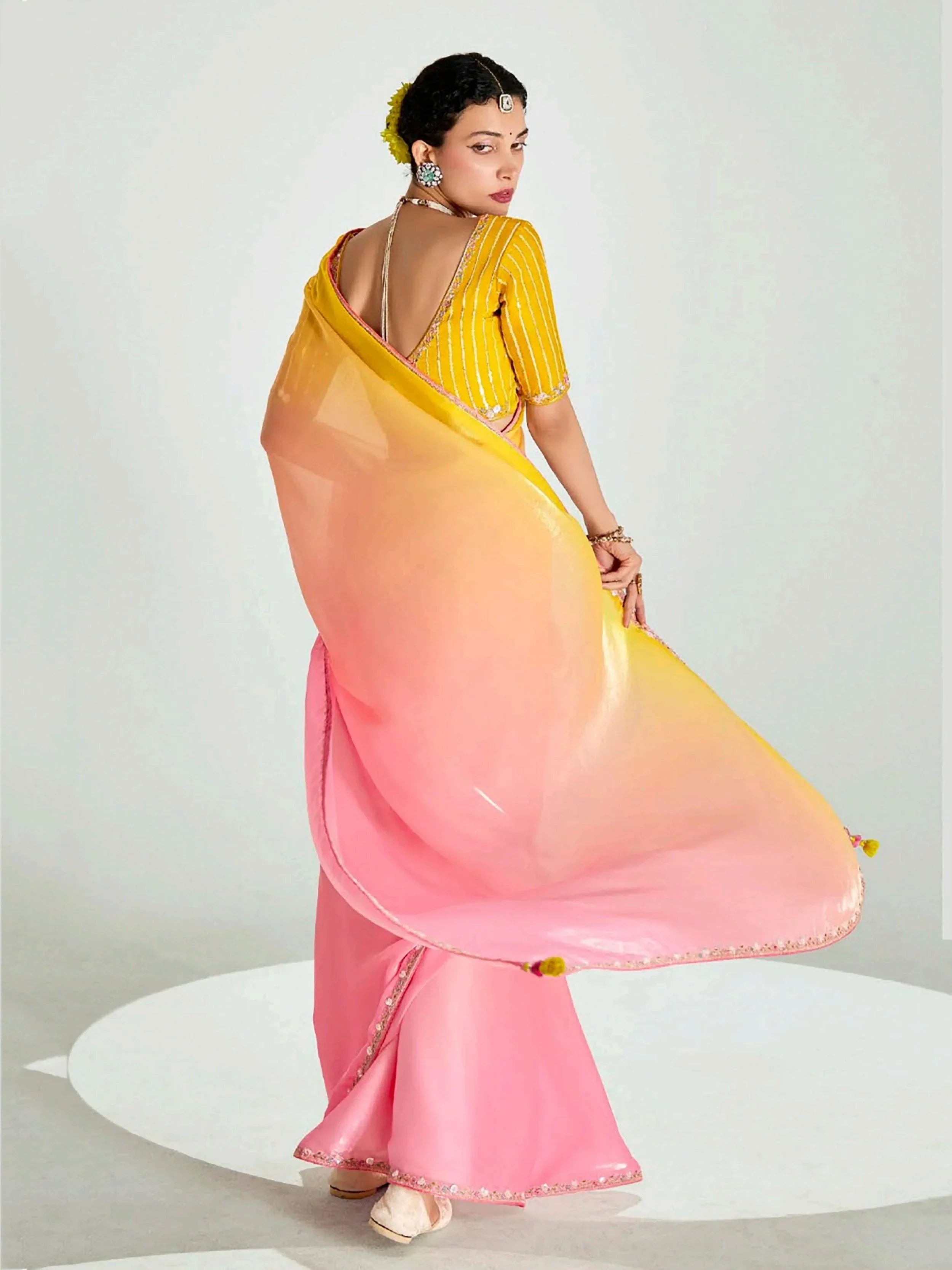 Stylish Peach Organza Border Work Wedding Wear Saree With Blouse