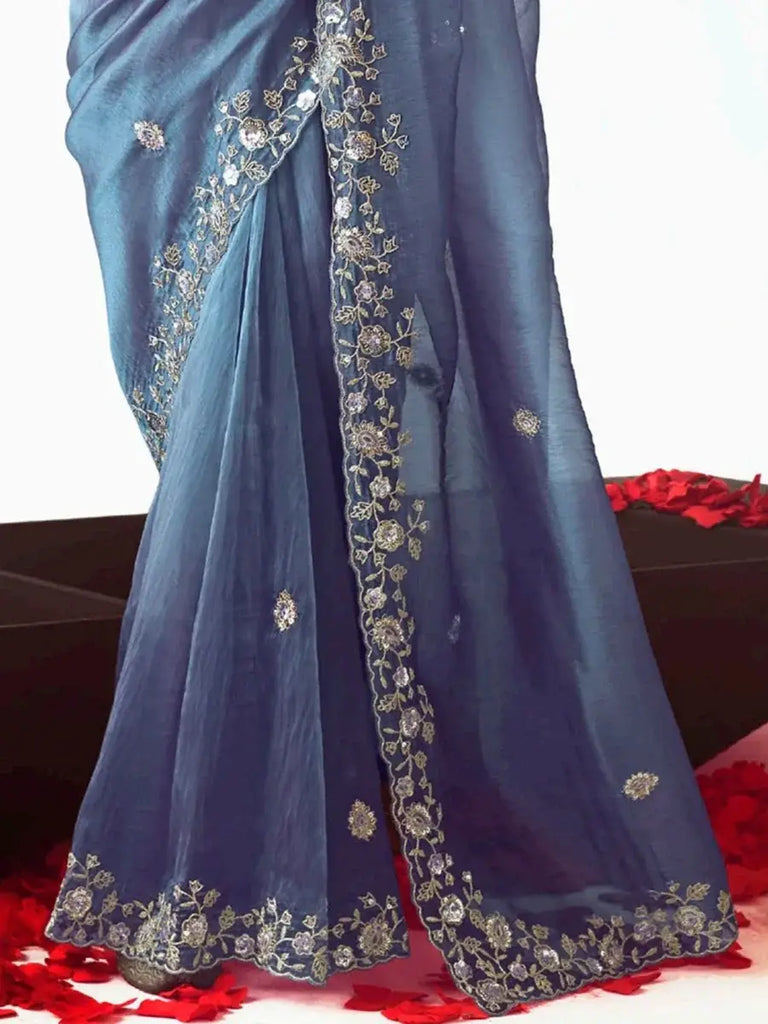 Artistic Blue Floral Embroidery Organza Traditional Saree With Blouse