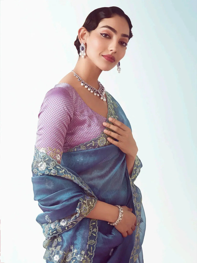 Artistic Blue Floral Embroidery Organza Traditional Saree With Blouse