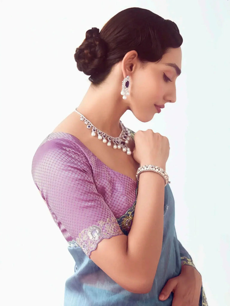 Artistic Blue Floral Embroidery Organza Traditional Saree With Blouse