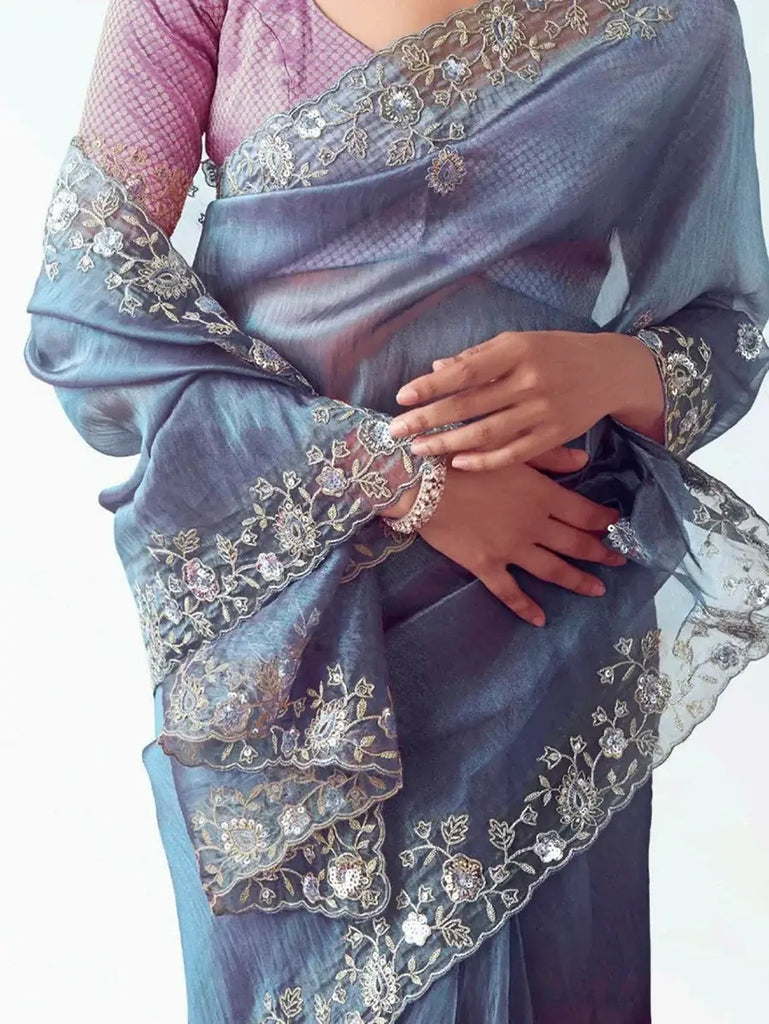 Artistic Blue Floral Embroidery Organza Traditional Saree With Blouse