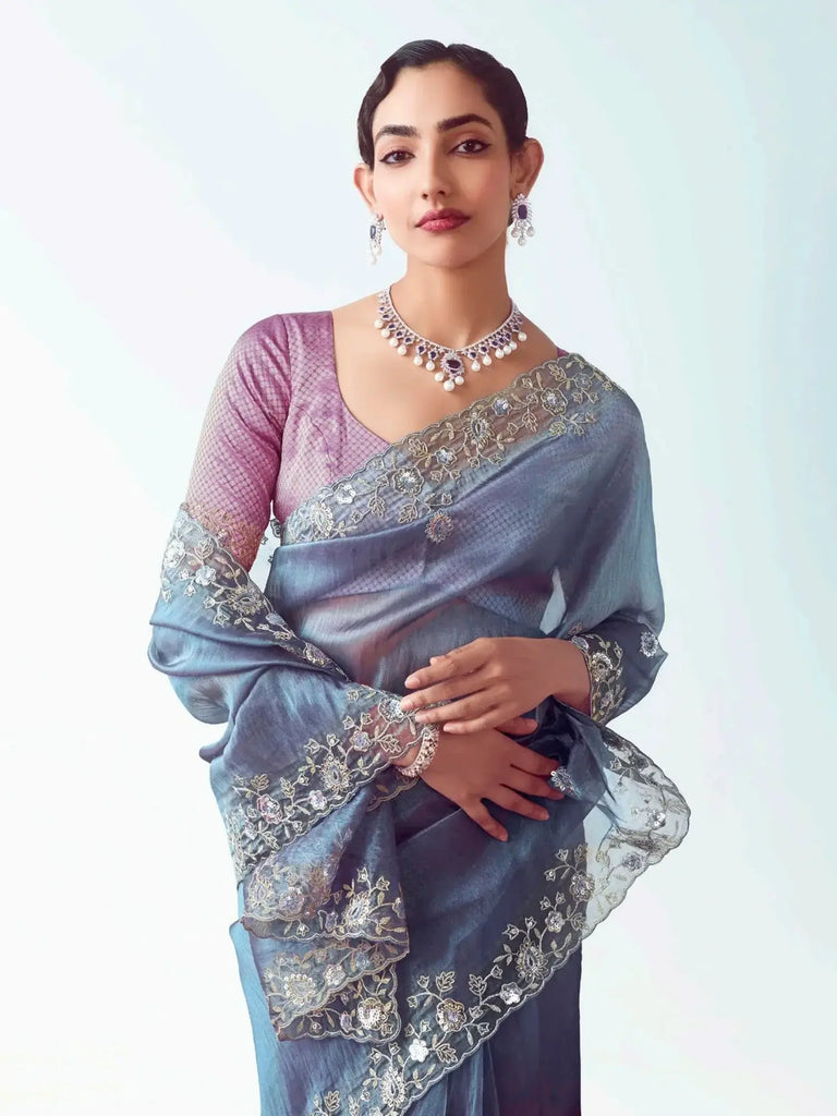 Artistic Blue Floral Embroidery Organza Traditional Saree With Blouse