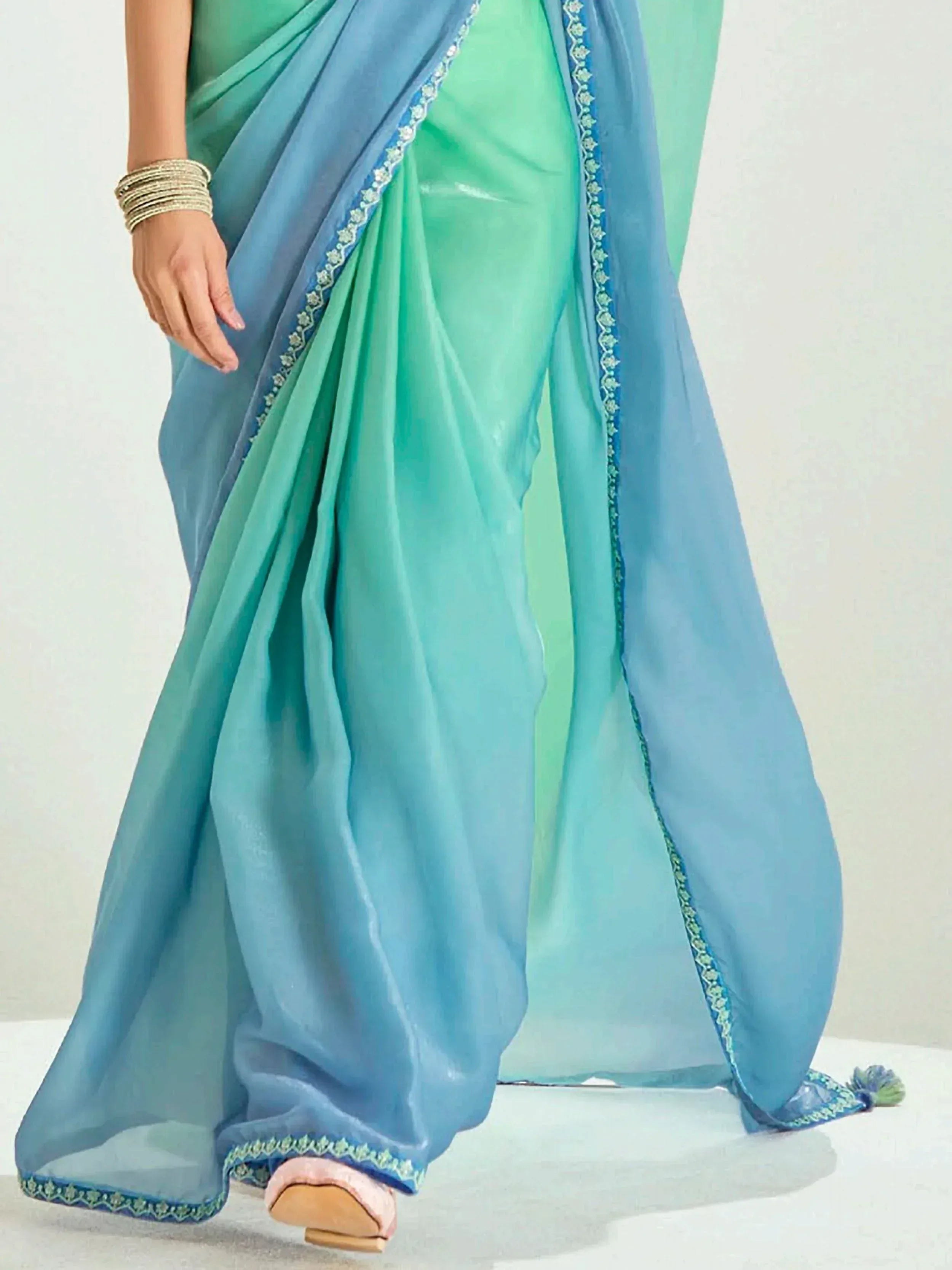 Mint green and blue saree with embroidered border, ethnic Indian wear