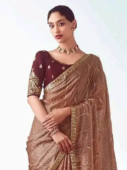 Awesome Brown Organza Sequins Work Event Wear Saree With Blouse