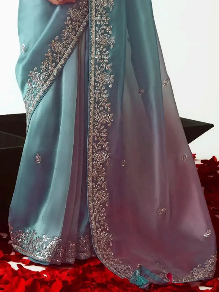 Delicate Sky Blue Organza Border Work Ombre Saree With Blouse
