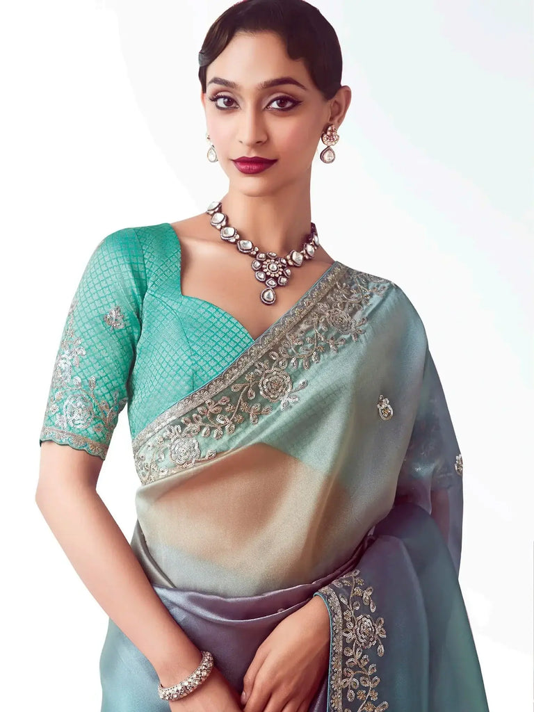 Delicate Sky Blue Organza Border Work Ombre Saree With Blouse