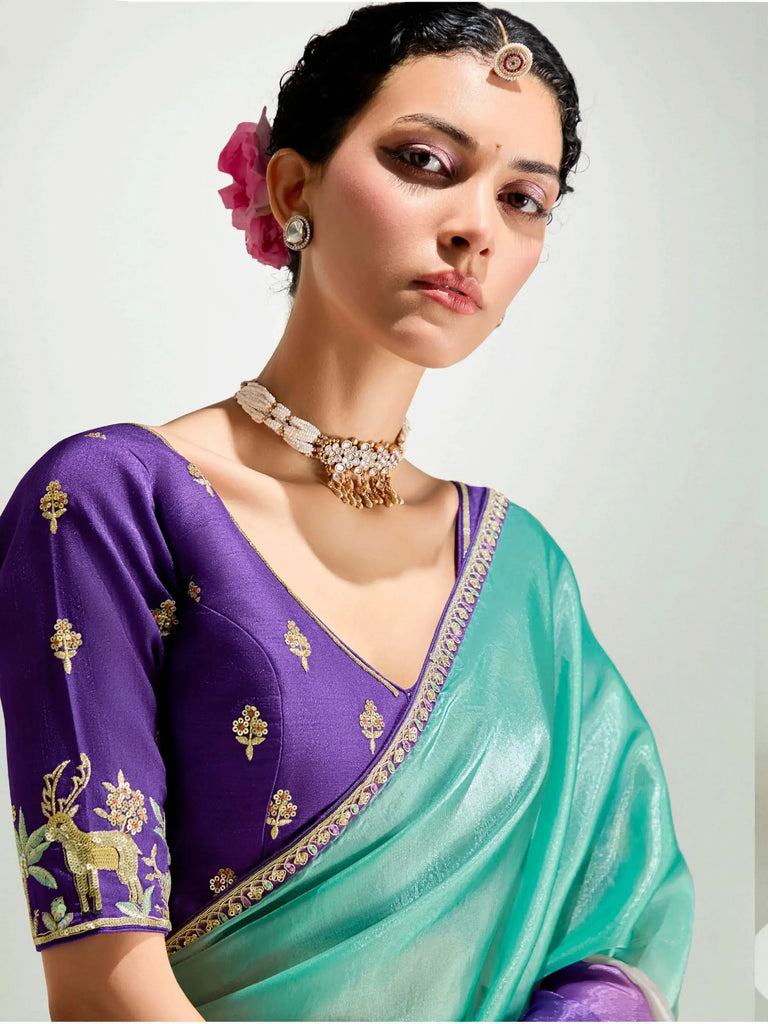 Timeless Purple Border Work Organza Saree With Blouse
