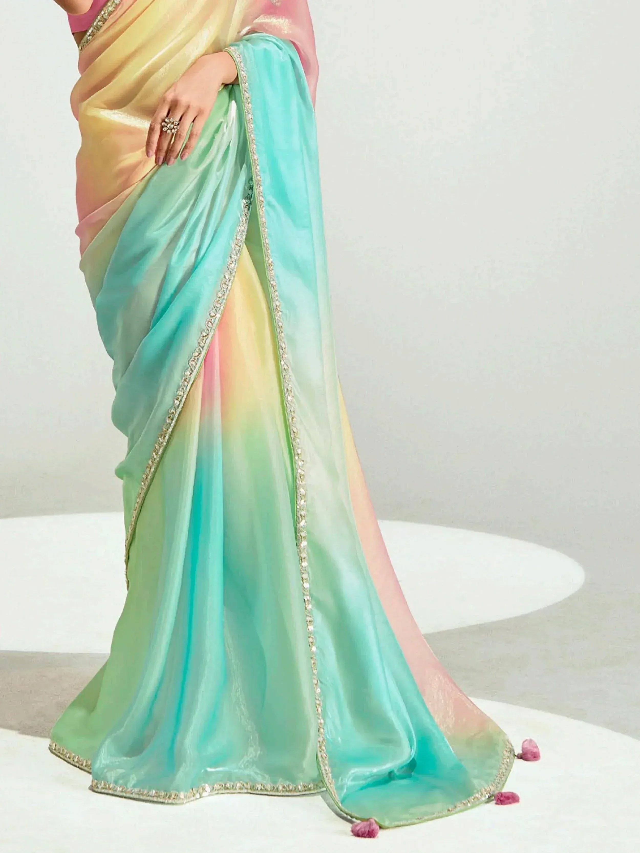 Pastel rainbow saree with sequin border, perfect for ethnic occasions