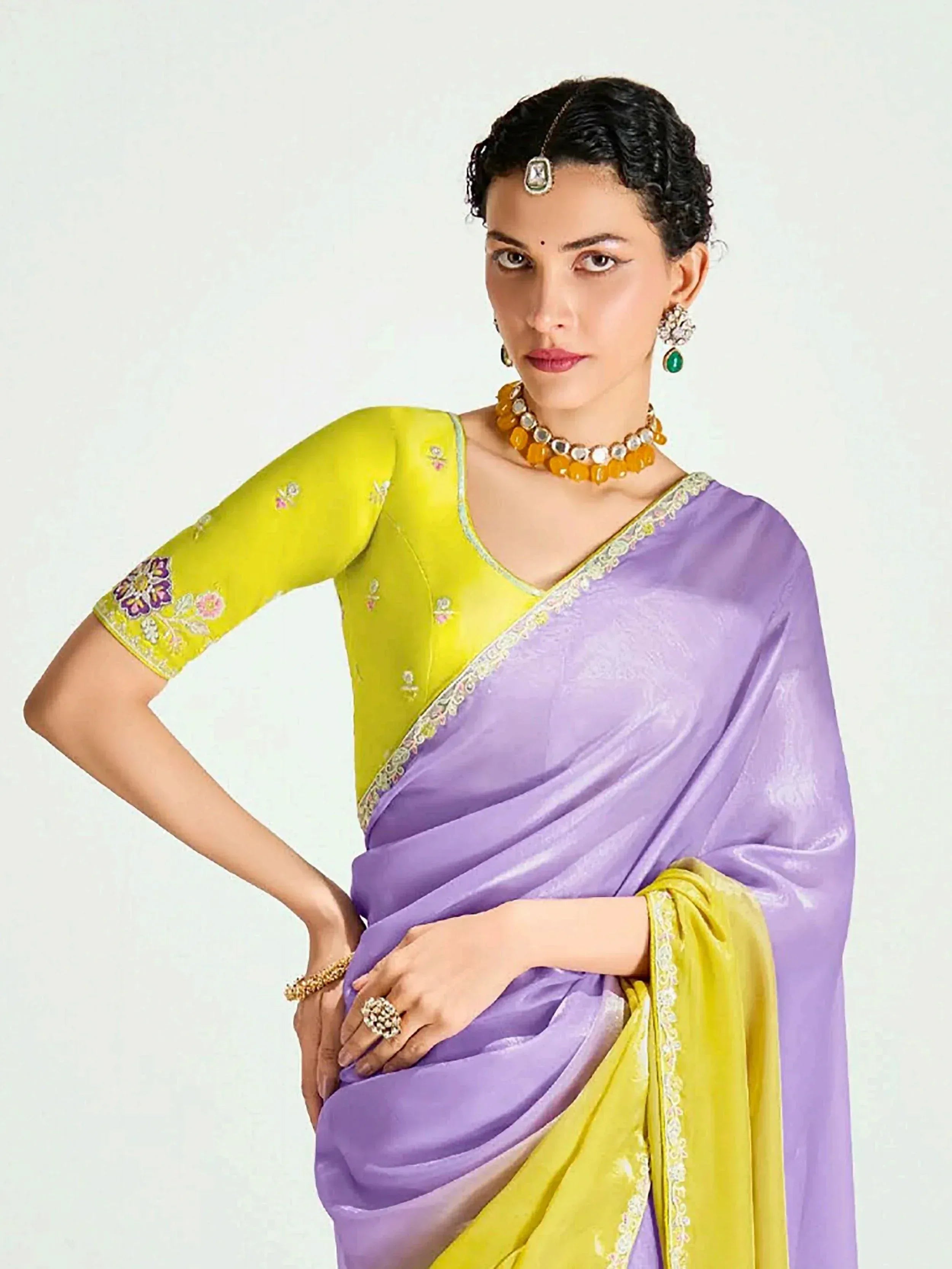Purple and yellow embroidered saree with designer blouse, traditional Indian ethnic wear for women