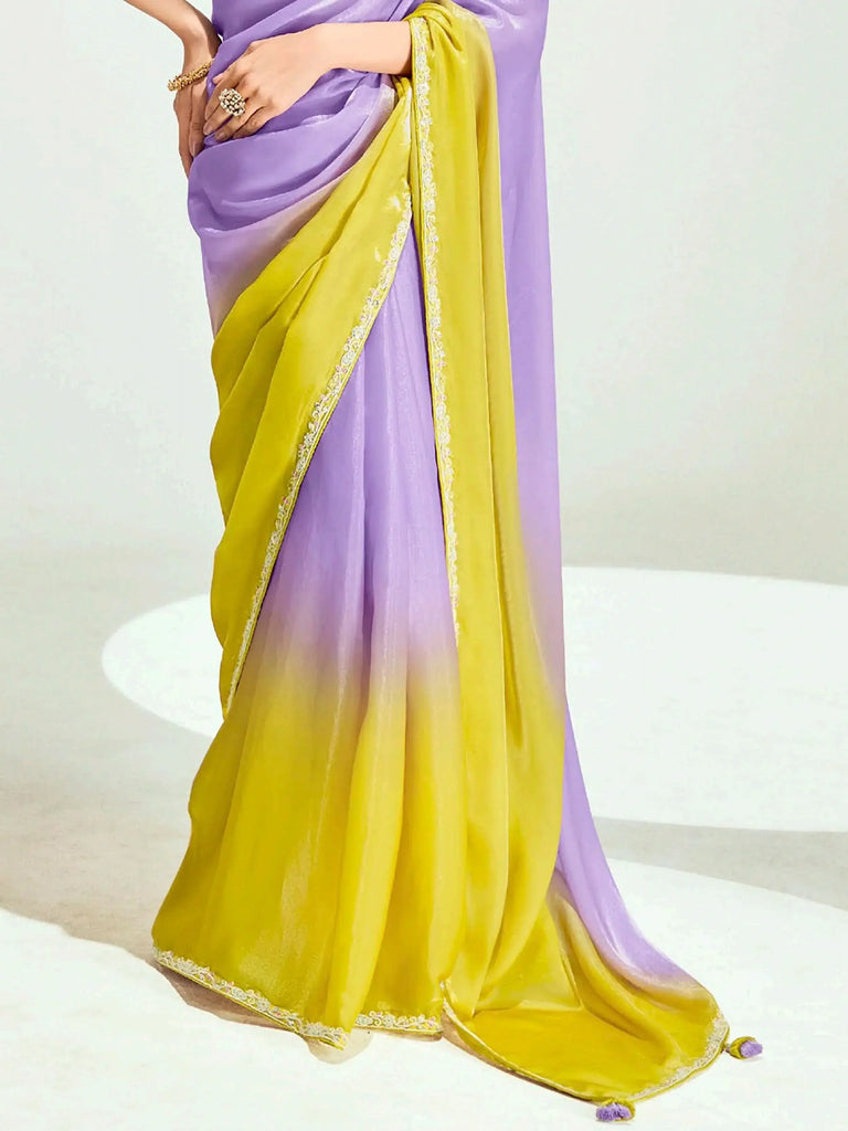 Awesome Lavender Organza Border Work Designer Saree With Blouse