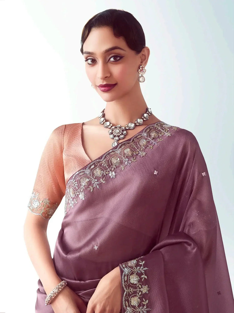 Stylish Mauve Organza Sequins Work Wedding Wear Saree With Blouse