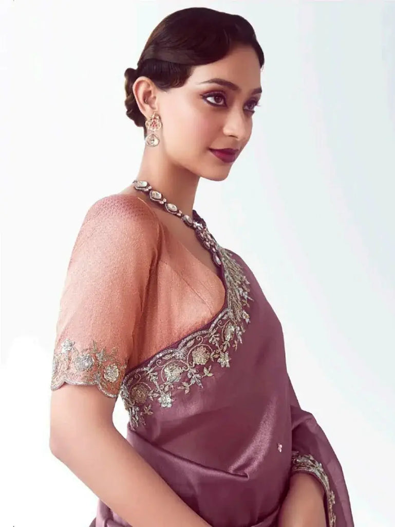 Stylish Mauve Organza Sequins Work Wedding Wear Saree With Blouse