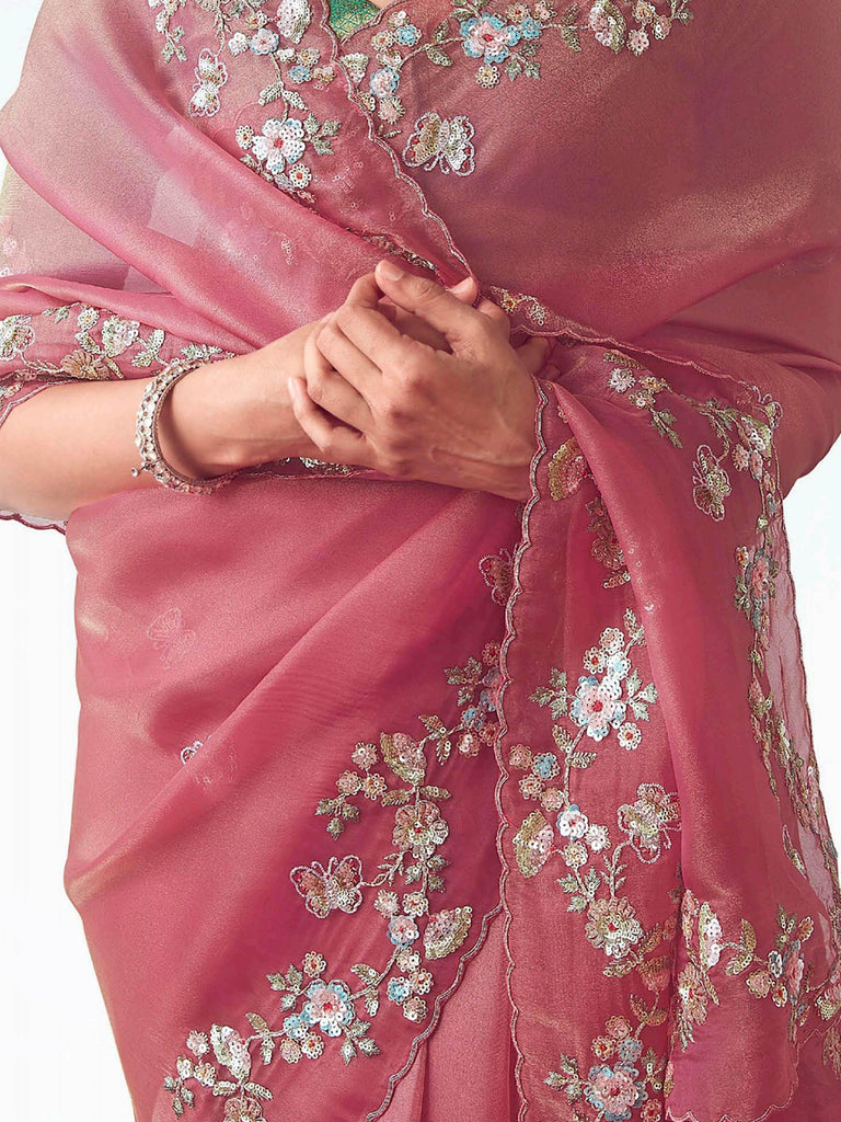 Stunning Light Pink Organza Sequins Wedding Wear Saree With Blouse