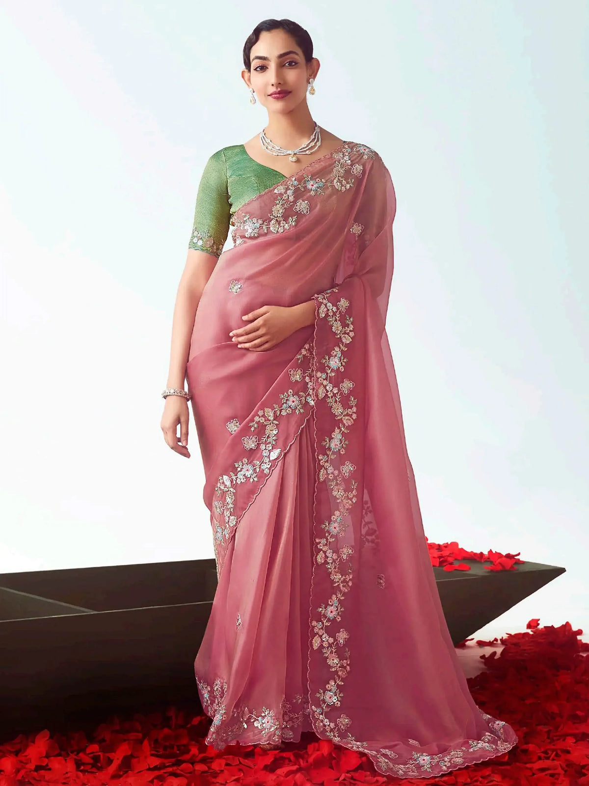 Stunning Light Pink Organza Sequins Wedding Wear Saree With Blouse