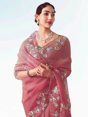 Stunning Light Pink Organza Sequins Wedding Wear Saree With Blouse