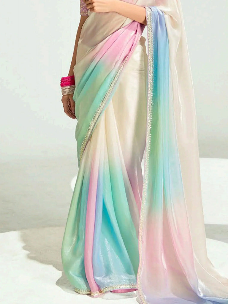 Pretty Multi-Color Organza Border Work Party Wear Saree With Blouse
