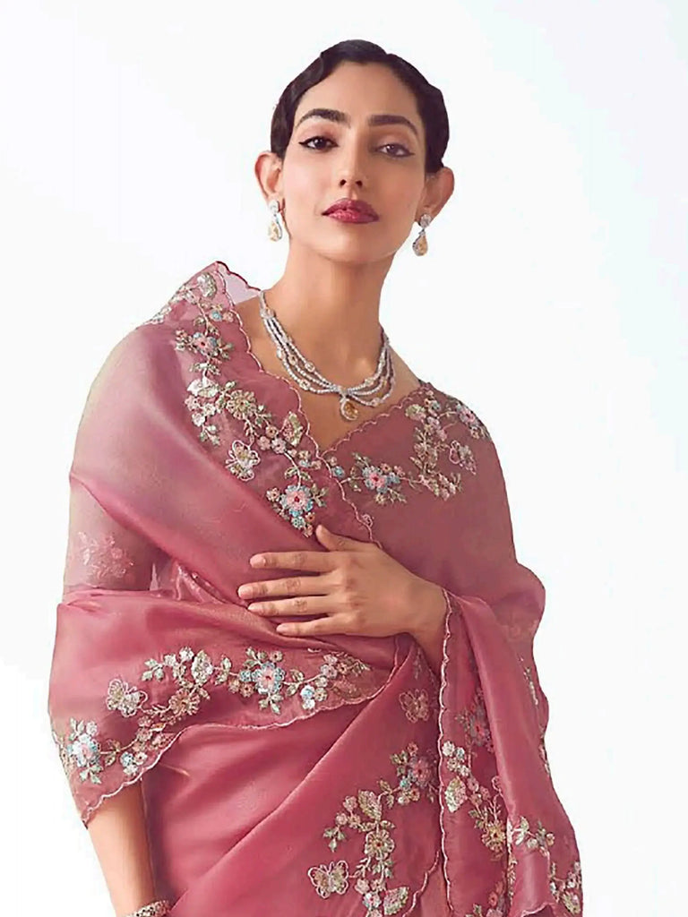 Stunning Light Pink Organza Sequins Wedding Wear Saree With Blouse