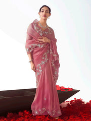 Stunning Light Pink Organza Sequins Wedding Wear Saree With Blouse