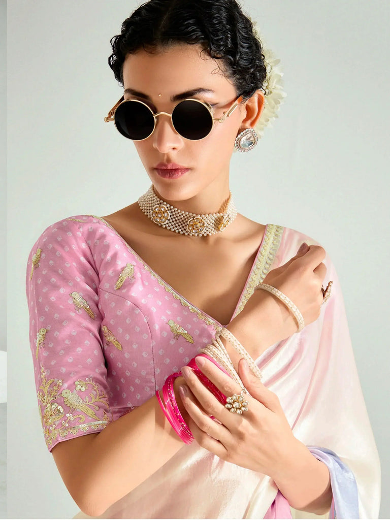 Pretty Multi-Color Organza Border Work Party Wear Saree With Blouse