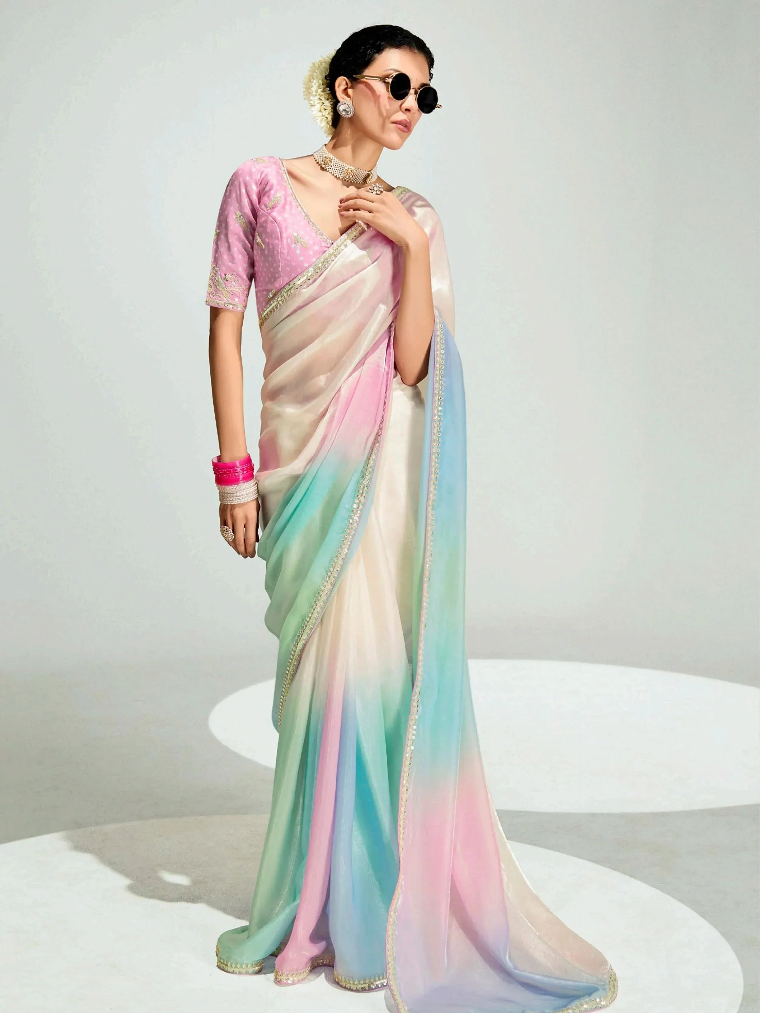 Pretty Multi-Color Organza Border Work Party Wear Saree With Blouse