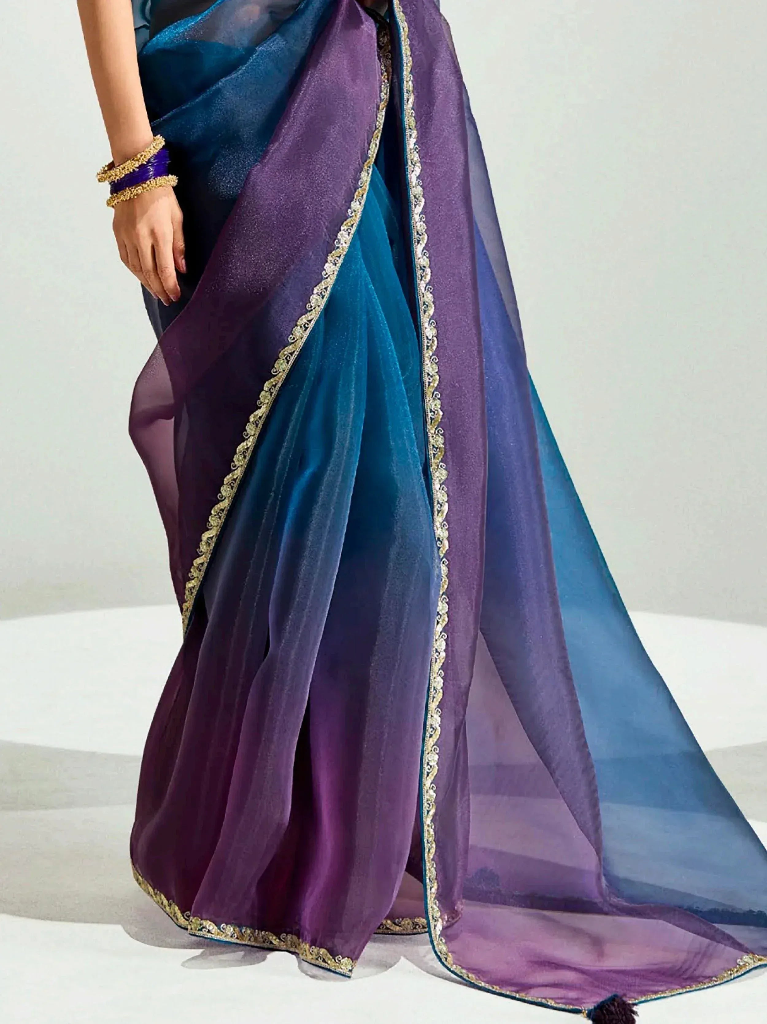 Purple and teal ombre saree with gold border, Indian ethnic wear