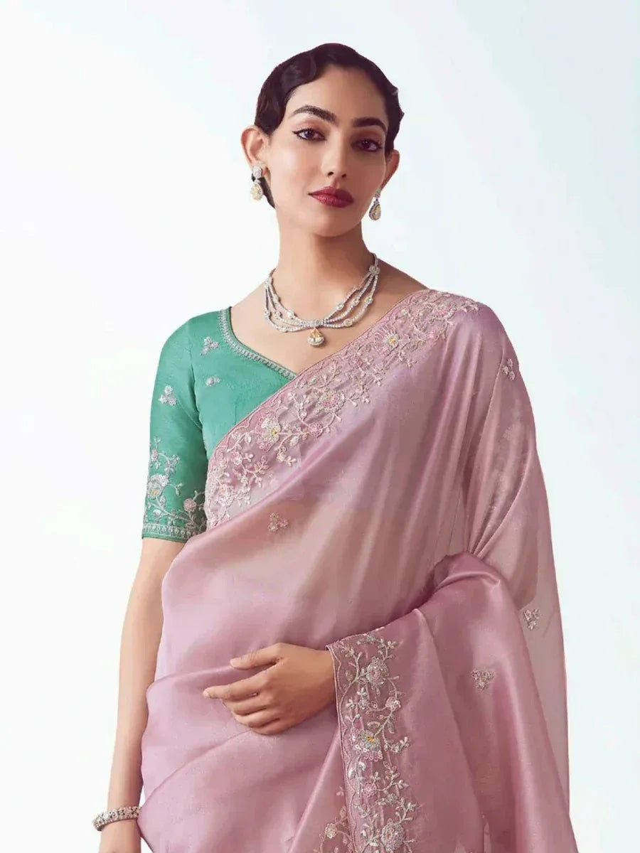 Pink embroidered saree with green blouse, Indian ethnic wear for women