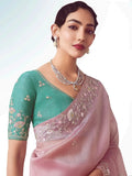 Lavishing Baby Pink Border Work Organza Saree With Blouse