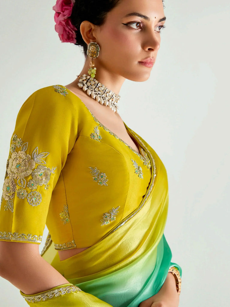 Marvelous Green Organza Border Work Festival Wear Saree With Blouse