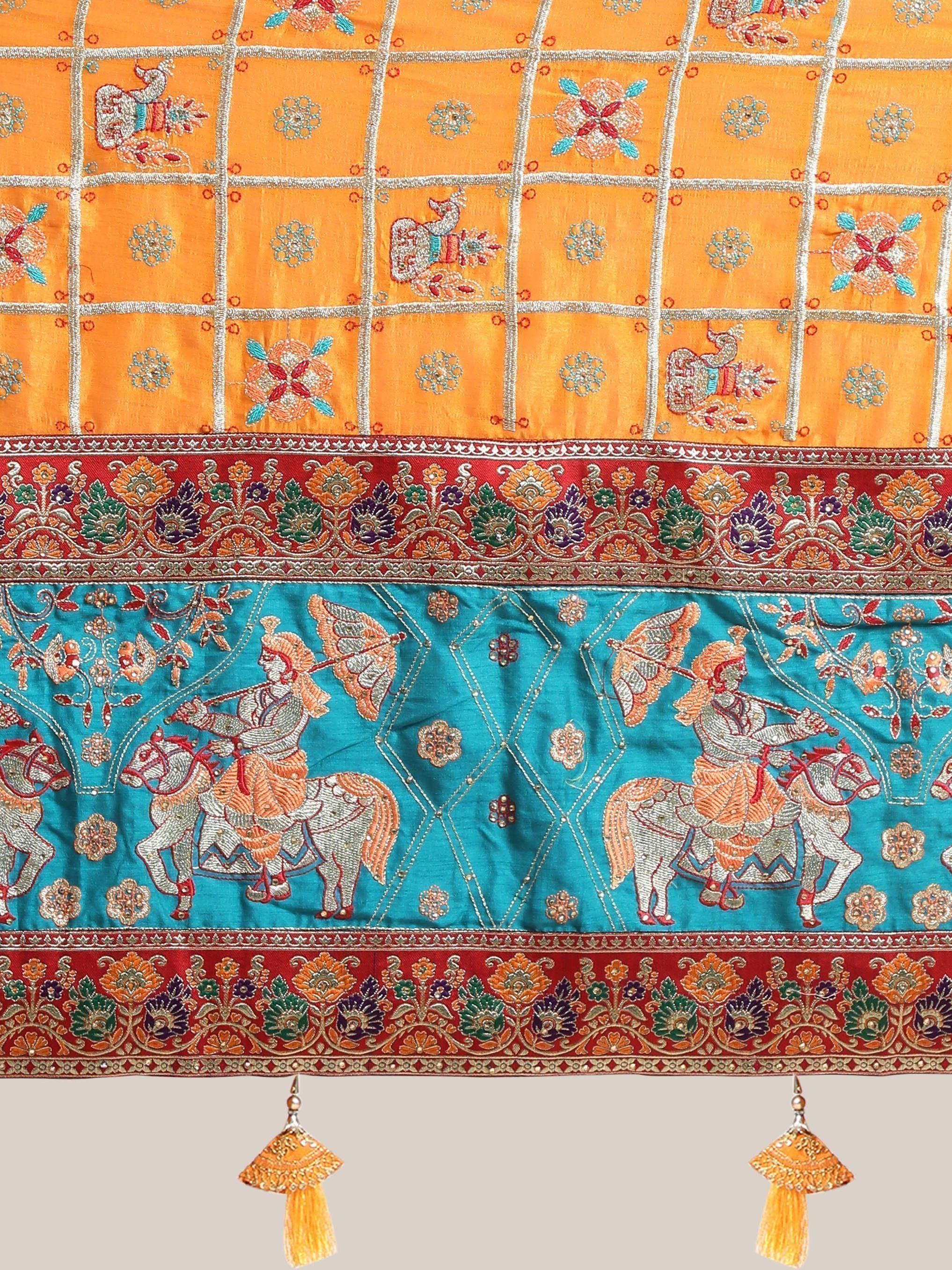 Orange and teal embroidered saree with horse riders, floral motifs, and tassels, Indian ethnic wear