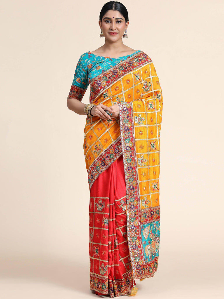 Yellow & Orange Embroidery Cadbury Silk Bridal Wear  Panetar Saree
